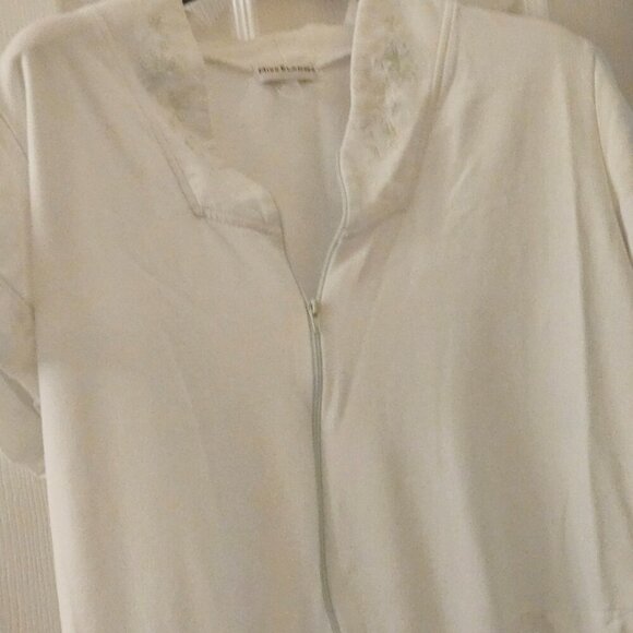 Miss Elaine white robe green floral embroidery pockets zip up L - Picture 8 of 12